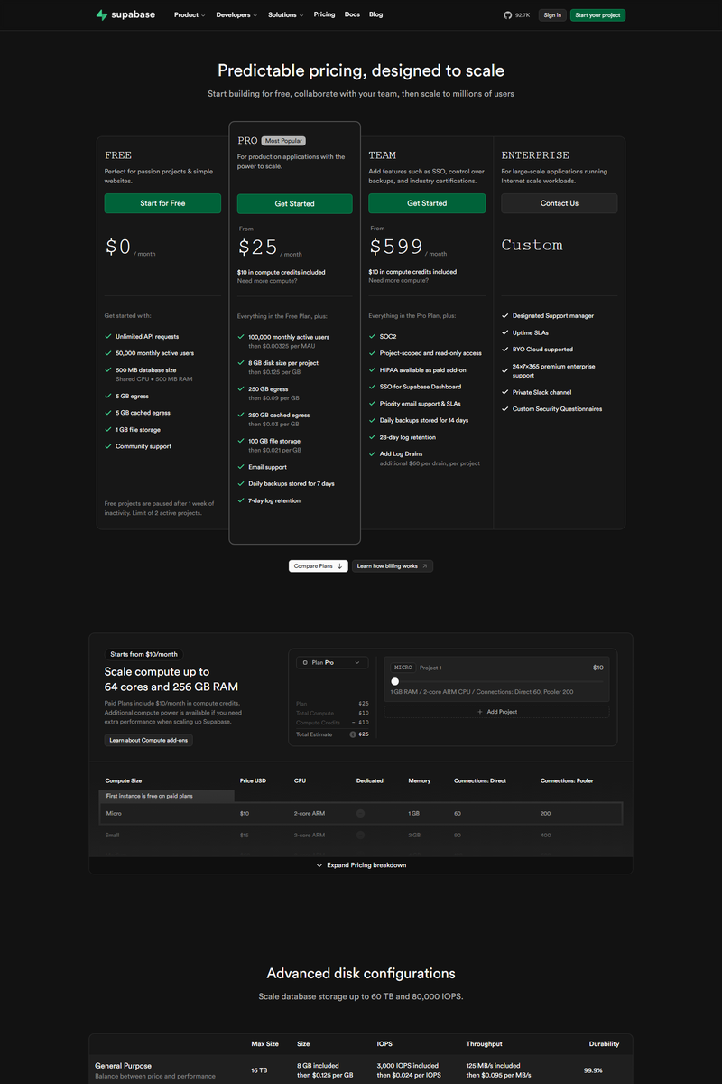 Supabase - Pricing Page